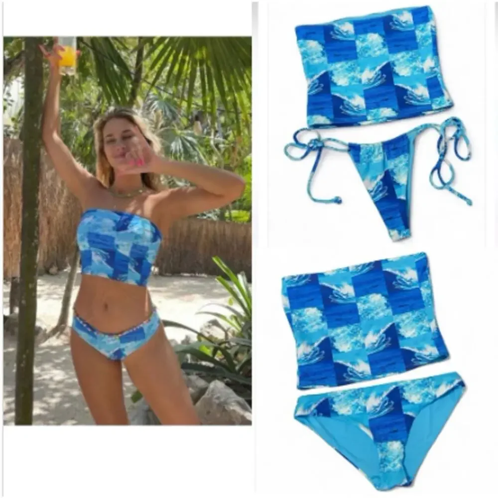 3 Piece SET Frankies Bikinis Waves Print  Blue Sz M